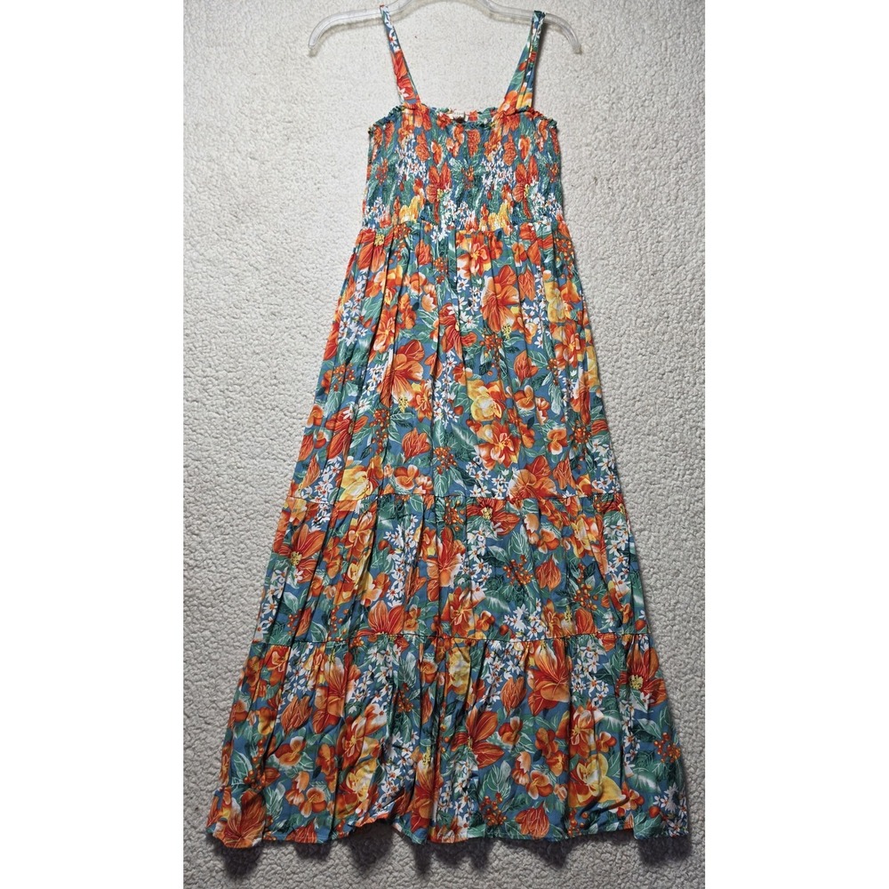Easel Women Small Tropical Floral Smocked Tiered Maxi Dress Blue Orange Rayon